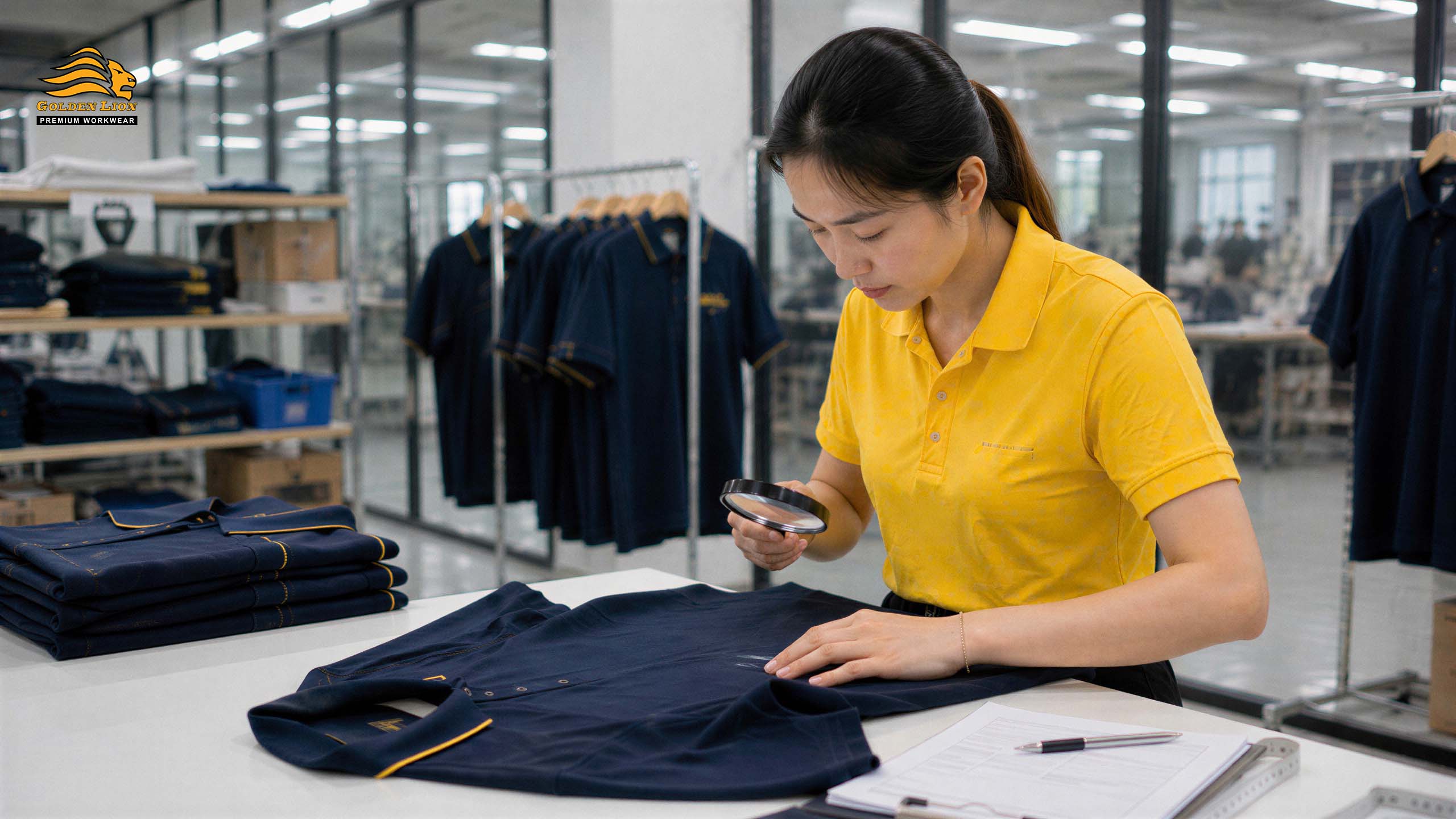 Kiểm tra chất liệu đường may và chi tiết đồng phục doanh nghiệp