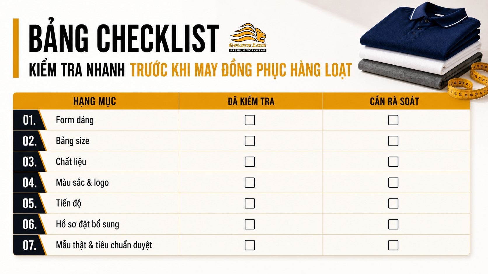 Checlist kiểm tra nhanh trước khi sản xuất đồng phục