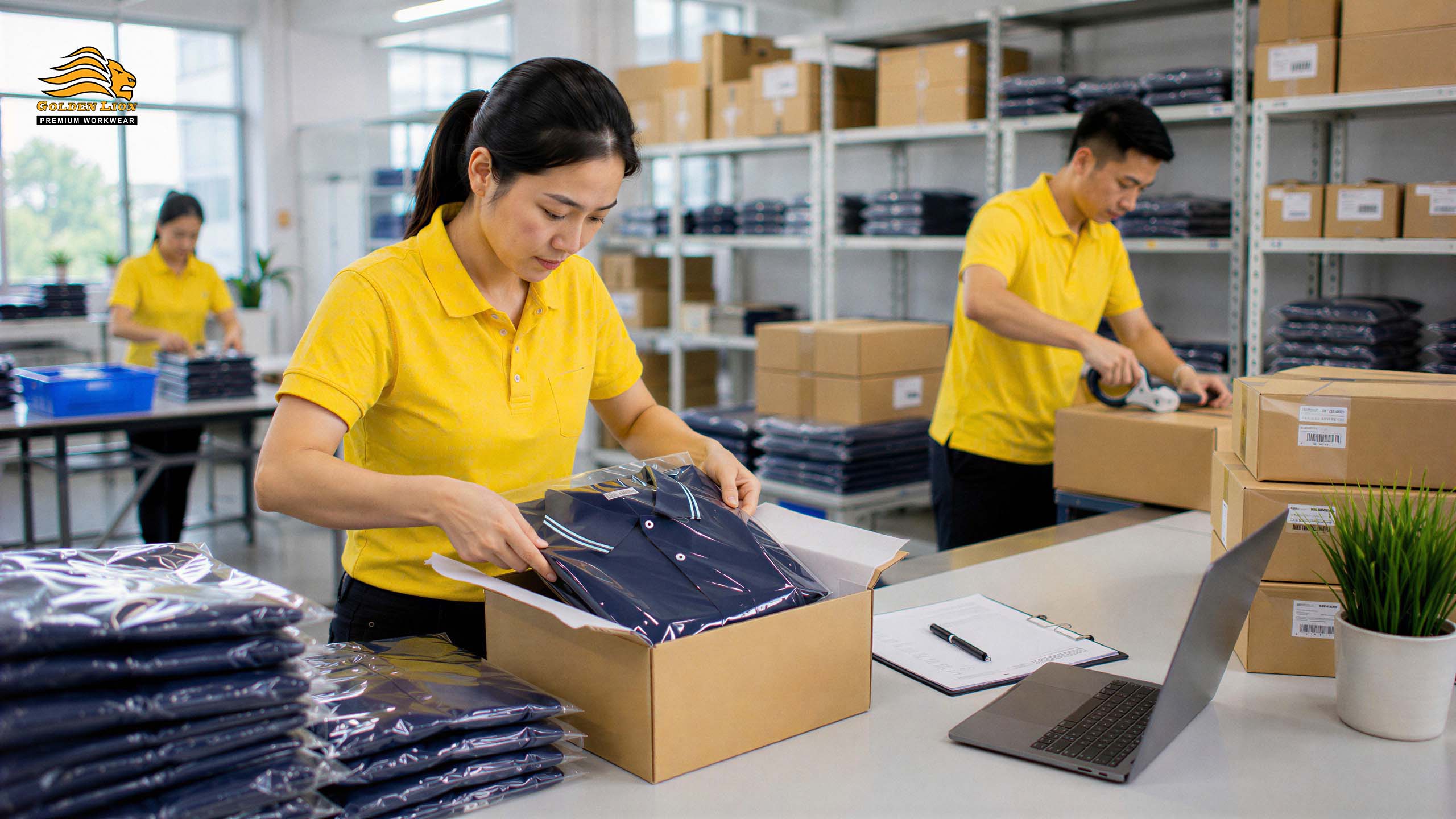 Kiểm tra đơn hàng may đồng phục số lượng lớn trước khi bàn giao