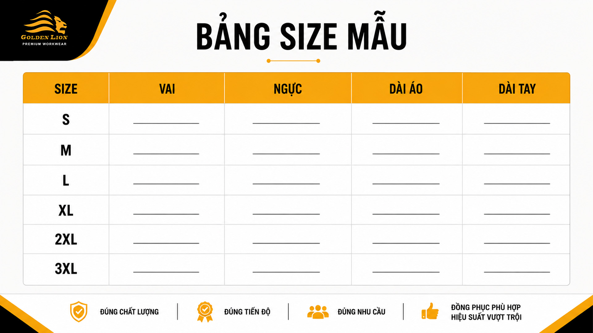 Bảng size đồng phục chính thức dùng trước khi thu size nhân viên