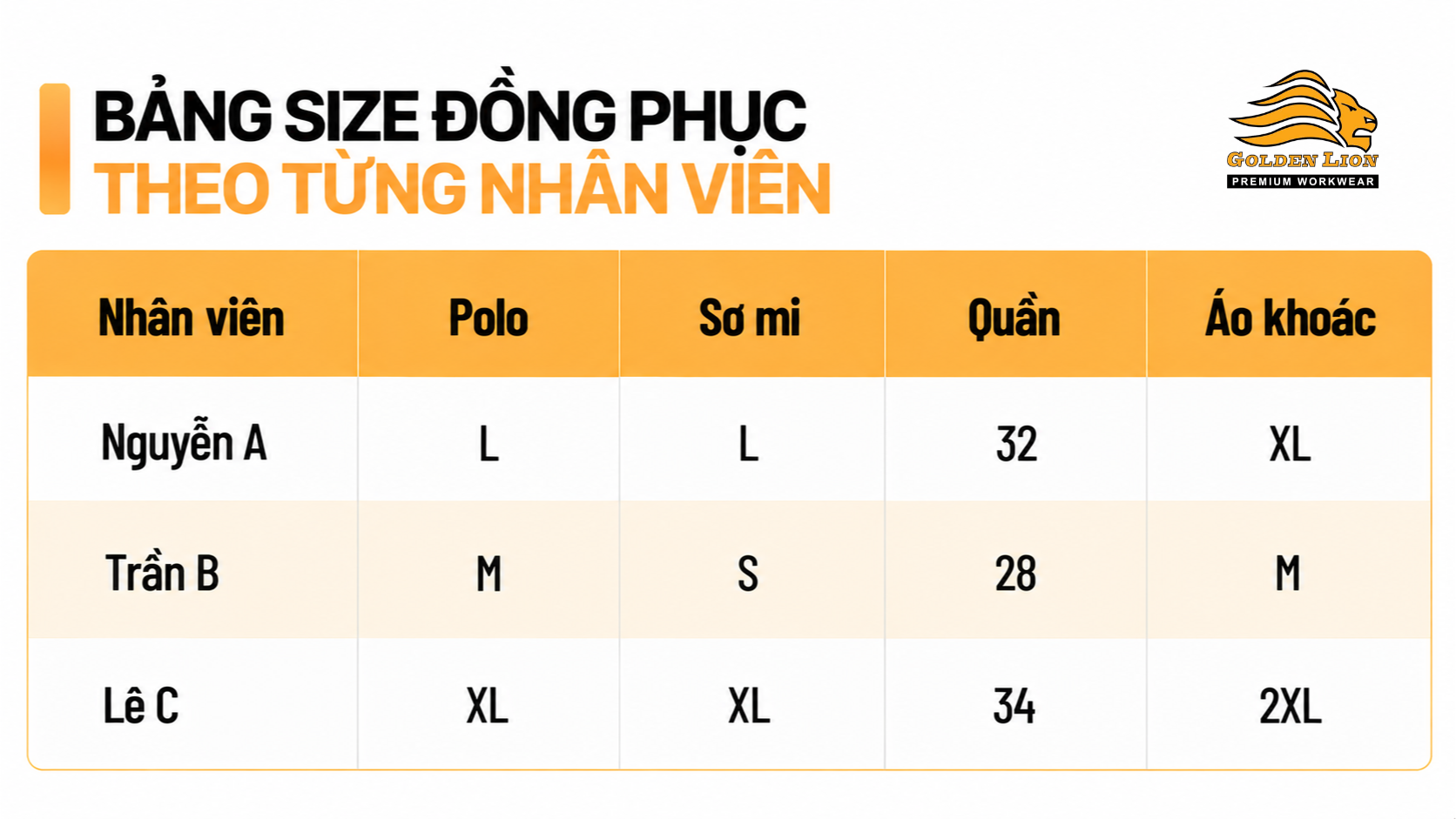 Bang size tung dong phuc cho nhan vien